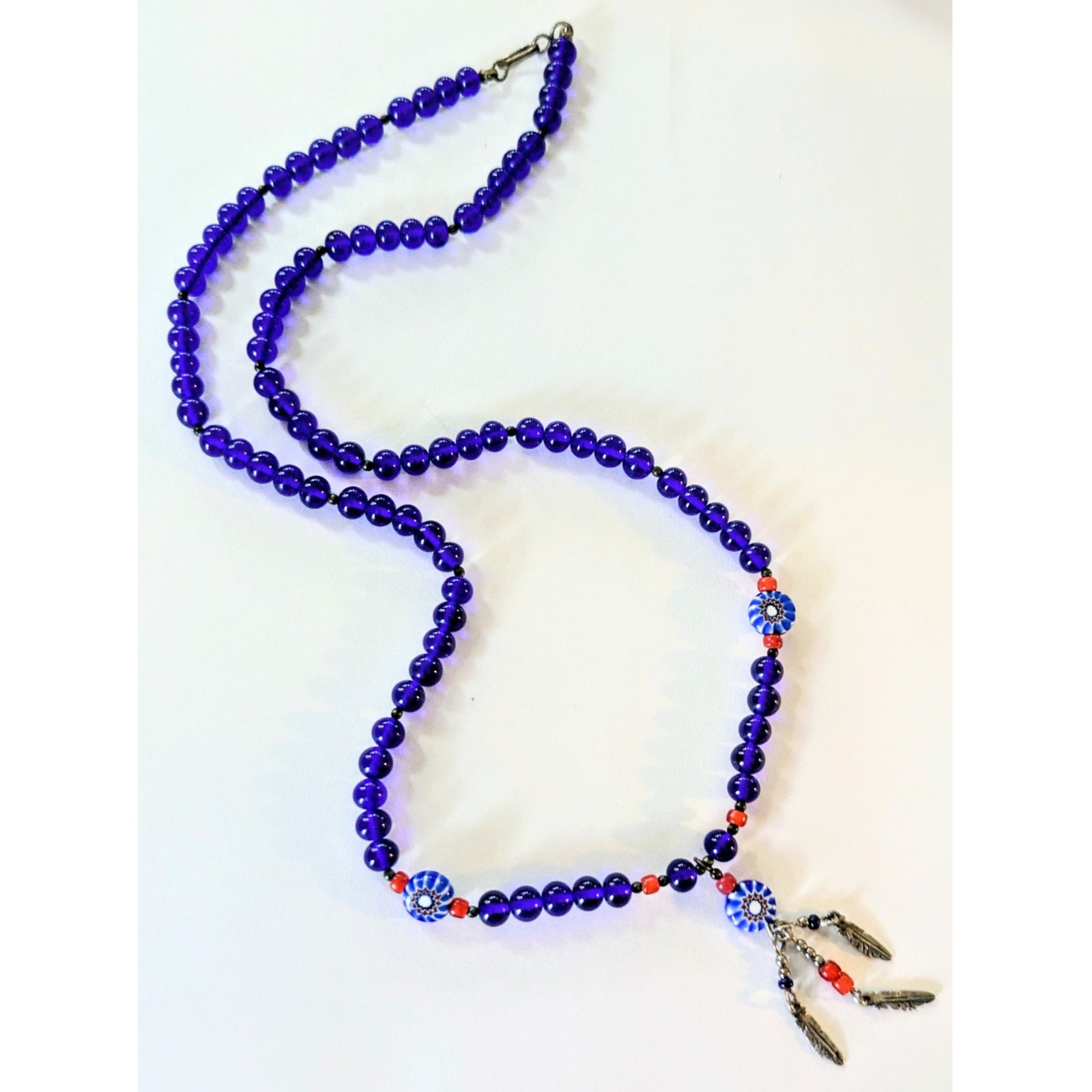 N.A. Style Sterling Silver Cobalt Blue Beaded Feather Pendant Necklace 23.5″