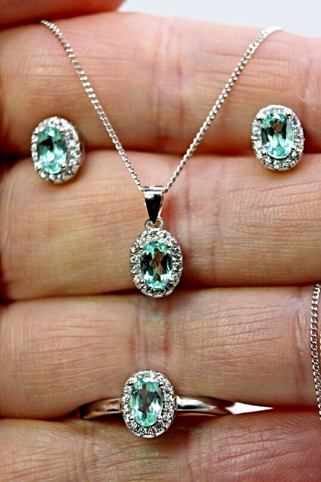 Silver Apatite Earring Necklace Ring Natural Gems Solid Sterling Size P.5 US 8