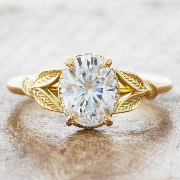 Unique 1.45TCW Oval Cut Moissanite leaf-engraved Engagement Ring 14K Yellow Gold