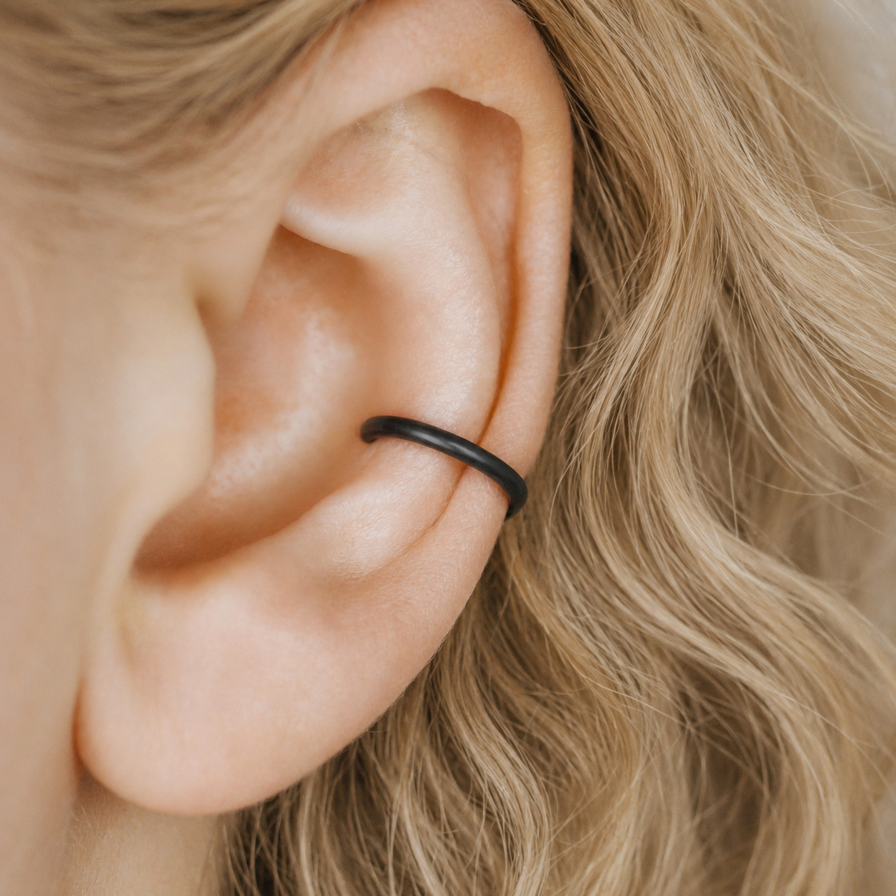 Black Fake Piercing Ear Cuff Thick Hoop Lobe Conch Helix Cartilage, Gift for Him