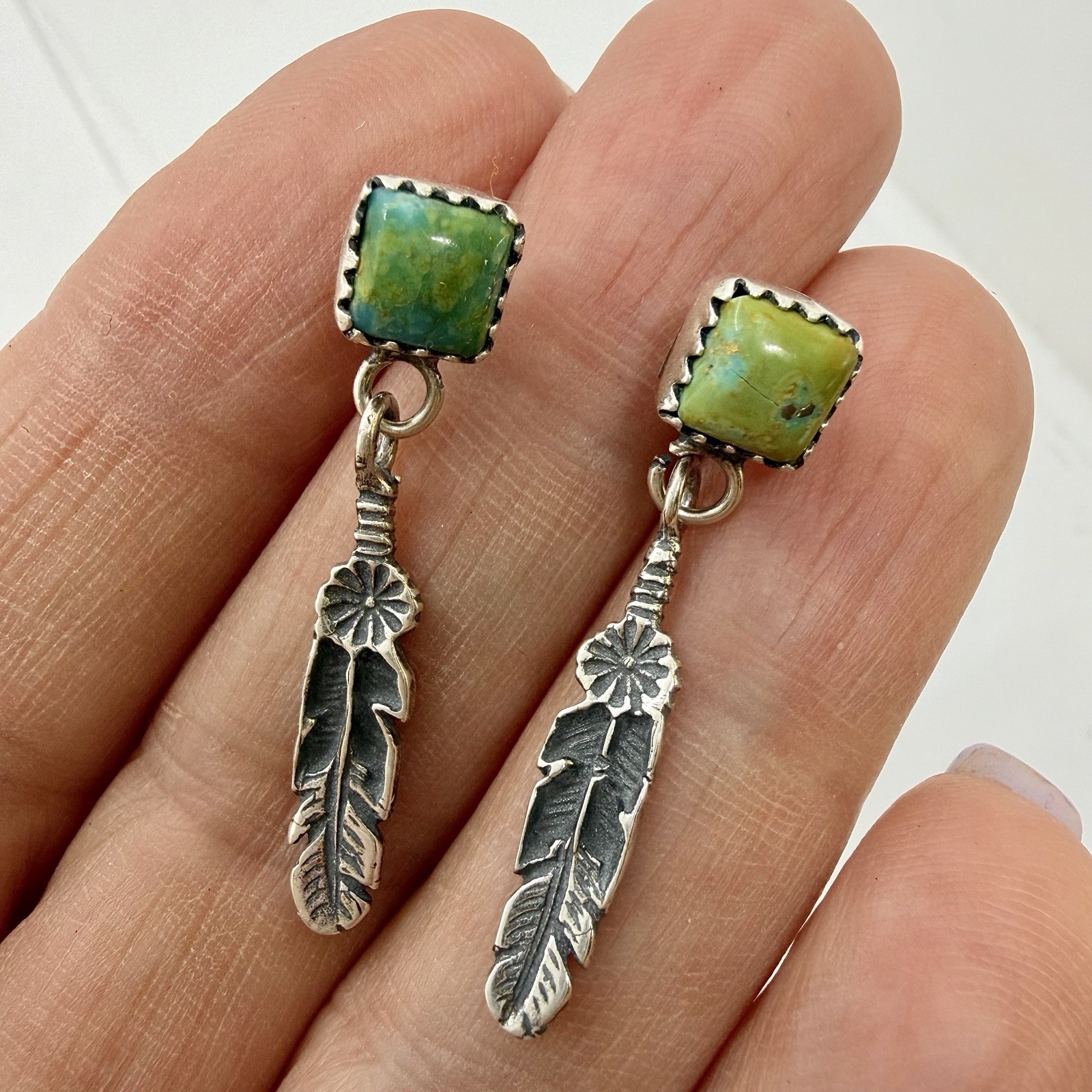 Native American Sterling Silver Turquoise Dangle Stud Feather Earrings by Largo