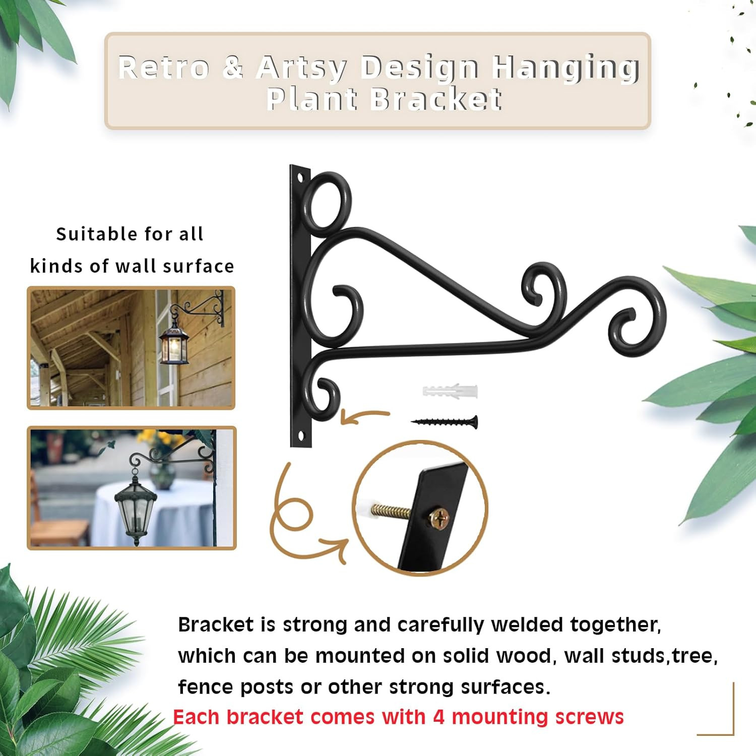 Retro Iron Hanging Plant Brackets, 12 Inch Heavy Duty Rust-Resistant Plant Hange