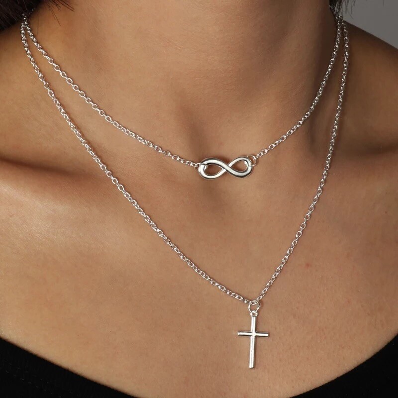 Women Infinity Cross Double Layered Pendant Necklace Silver or Gold Plated N52