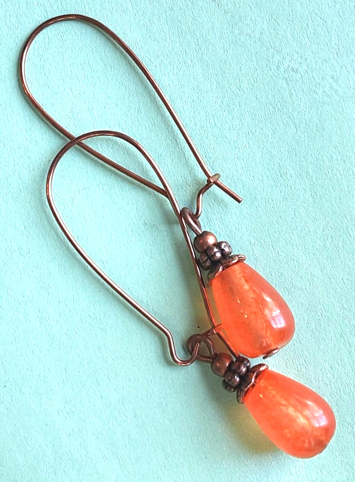 ORANGE JADE dangle earring COPPER KIDNEY WIRE HANDCRAFTED K2TA