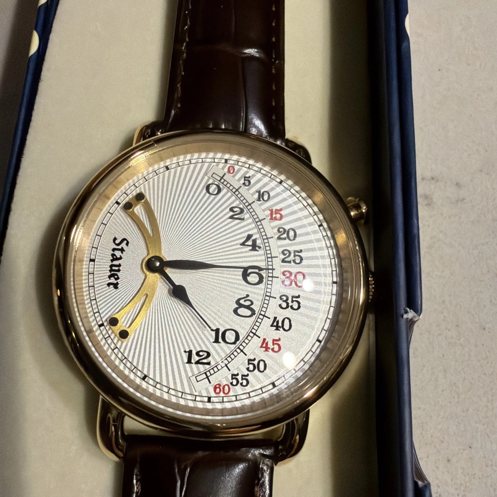 Stauer 1920’s Retrograde Men’s Watch Brown Leather Strap – NEW In Box