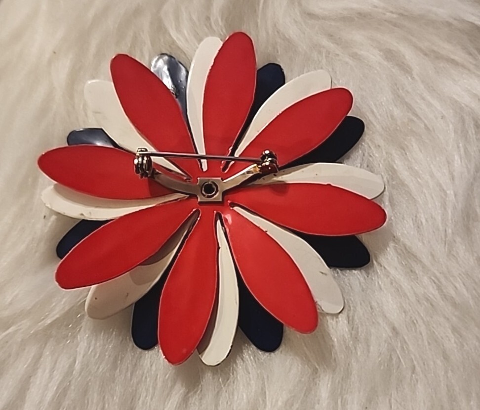 Vintage White Red Blue Enamel Flower Brooch 1960’s