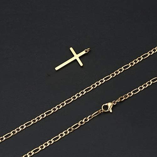 Collar Cruz de Oro Laminado para Hombre Cadena Figaro Acero Inoxidable Cruz 14K