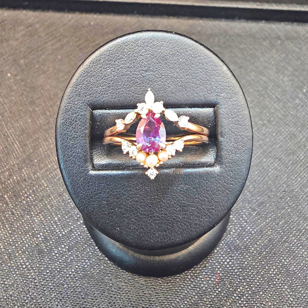 10k Rose Gold Pear Purple Alexandrite Ring w/ Pearl Accents Size 9