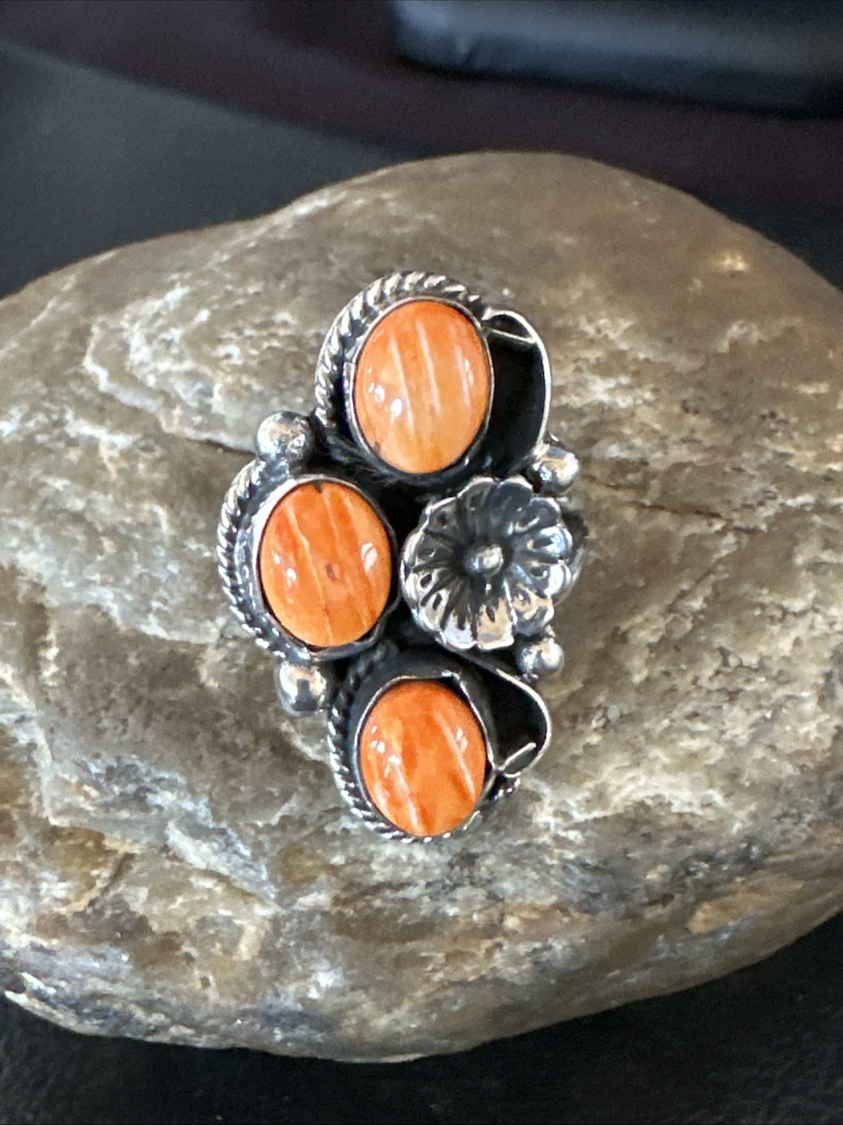 Orange Spiny Oyster Cluster Navajo Sterling Silver Ring Size 6.5 19185