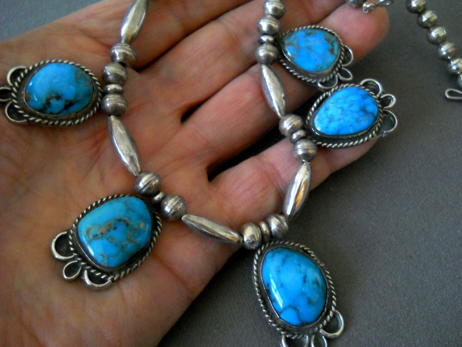 Native American Navajo Domed Rich Blue Turquoise Sterling Silver Bead Necklace