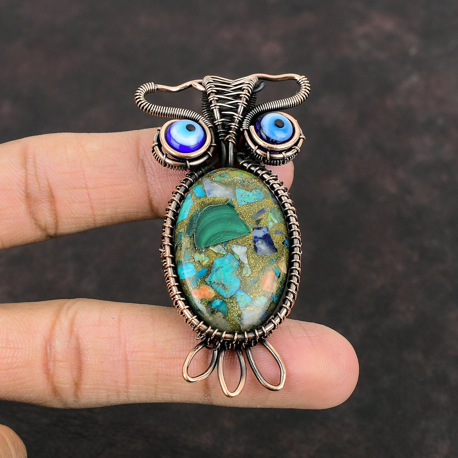 Multi Turquoise Gemstone Wire Wrapped Owl Pendant Copper Jewelry For Girls 2.76″