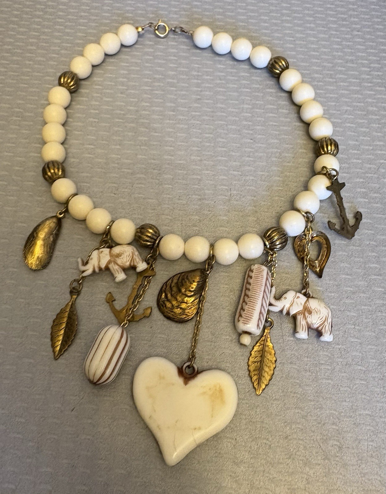 70s Vintage Plastic Faux Ivory Bead Charm Choker Necklace Heart Elephant 14”