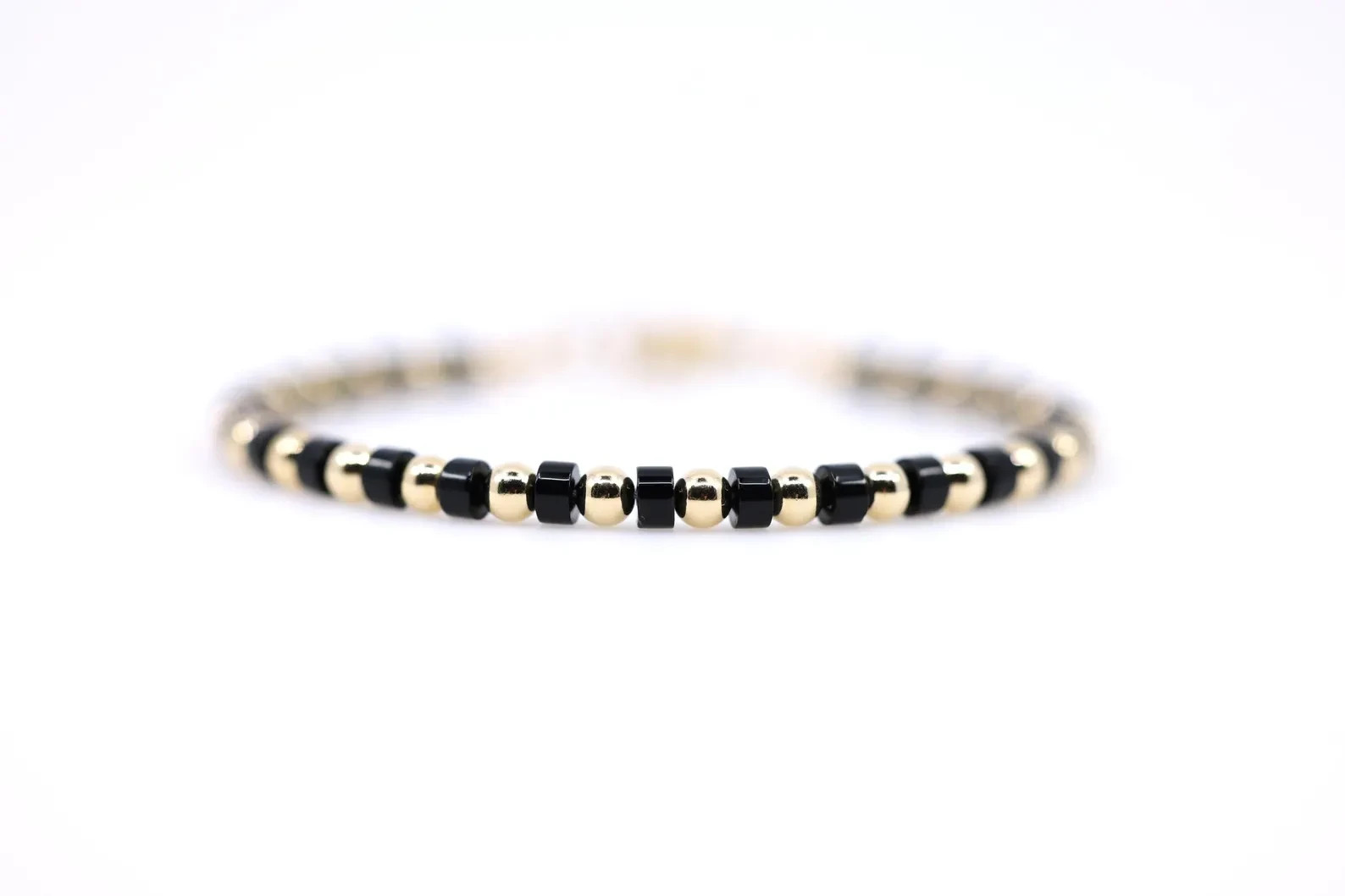 Black Onyx & 14K Solid Gold Bracelet, Modern Minimalist Beaded Gemstone Jewelry