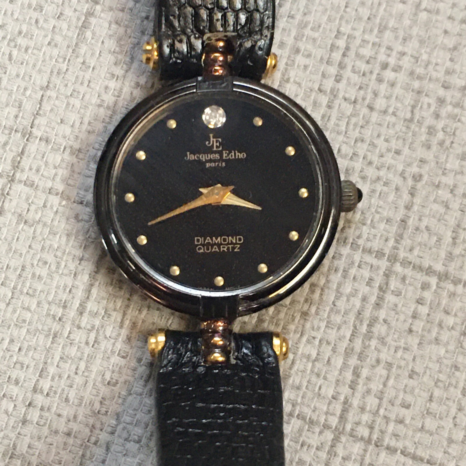 Jacques Edho Paris Diamond Quartz Wristwatch 18K Gold Plate Black Leather Band