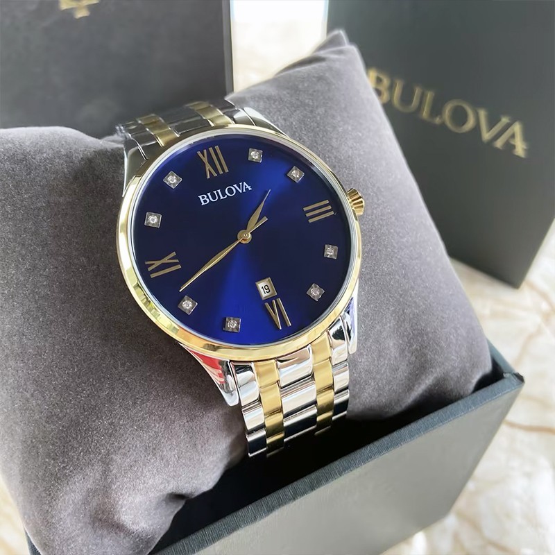 Bulova Classic 98D130 Blue Dial Gold Silver Bracelet Men Quartz Watch 40MM New
