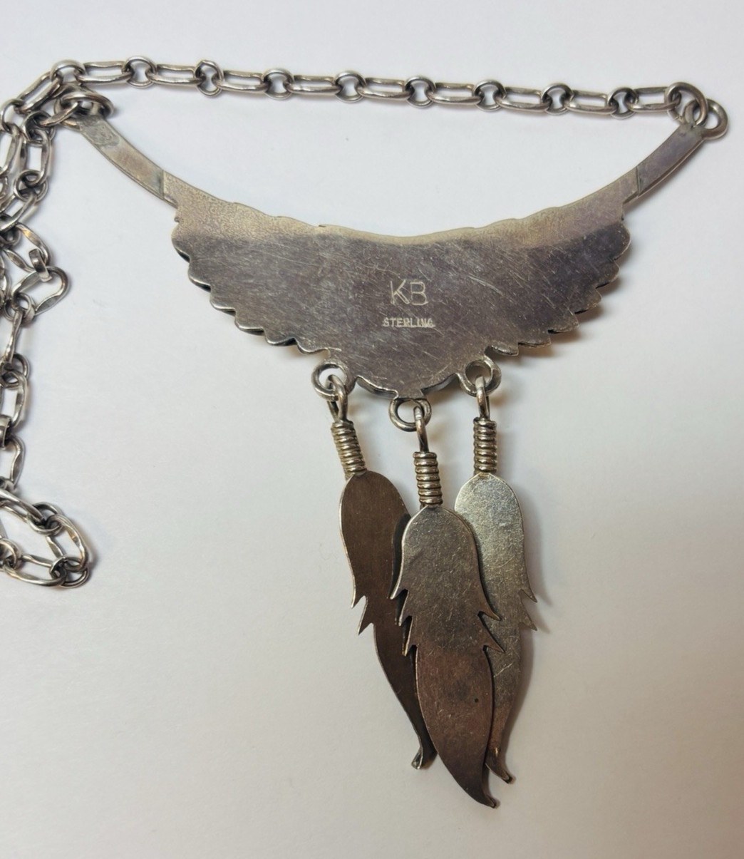 Navajo Signed Kary Begay Sterling Silver Turquoise Feather Necklace 20.5 in -.79