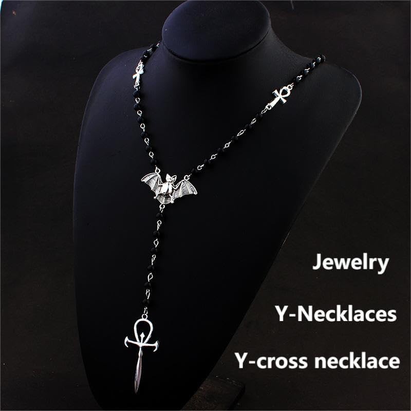 Ankh Cross Bat Necklace Religious Grunge Gothic Vampire Black Long Rosary…