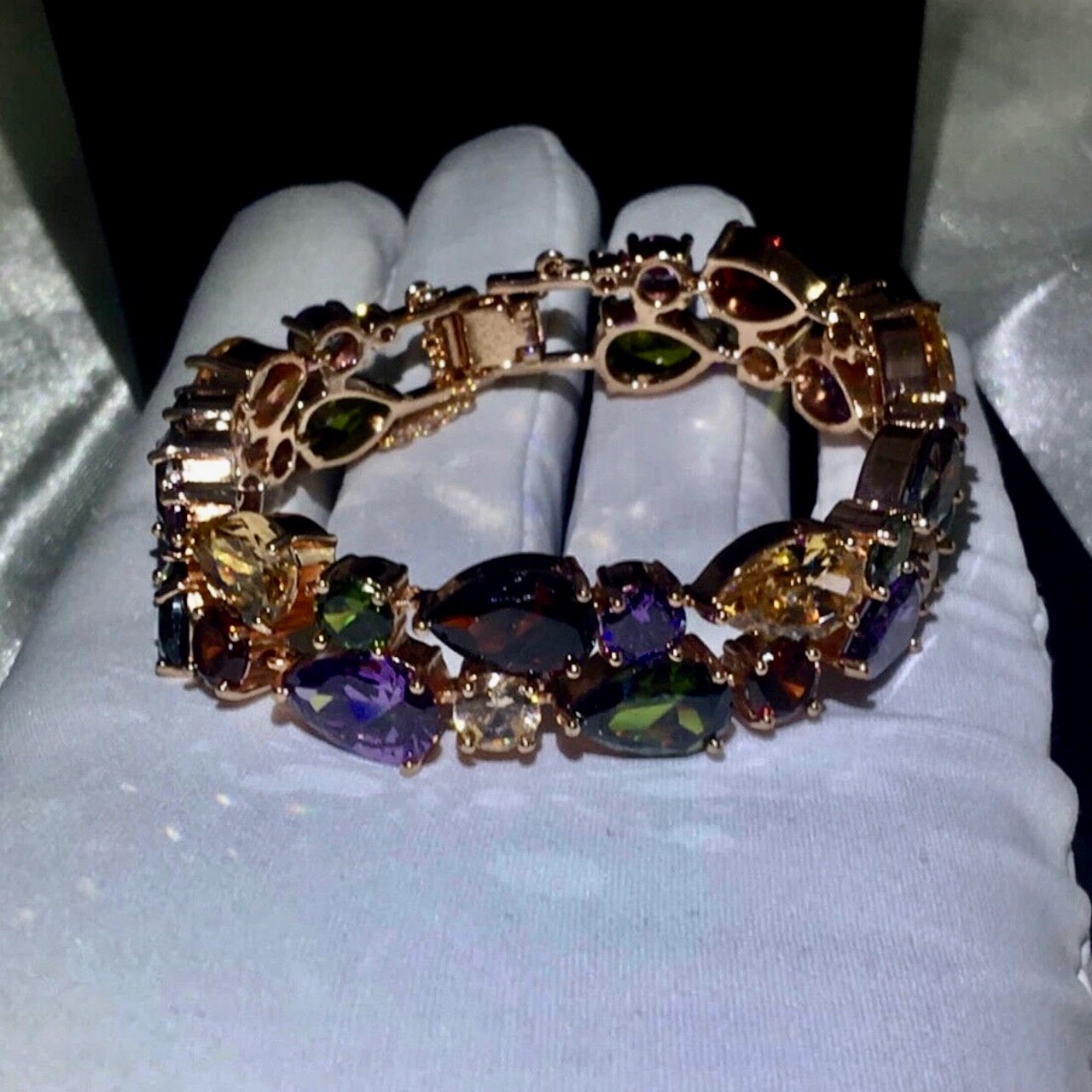 18k Rose Gold Filled Multicolor Tennis Bracelet made w Swarovski Crystal 6.5”