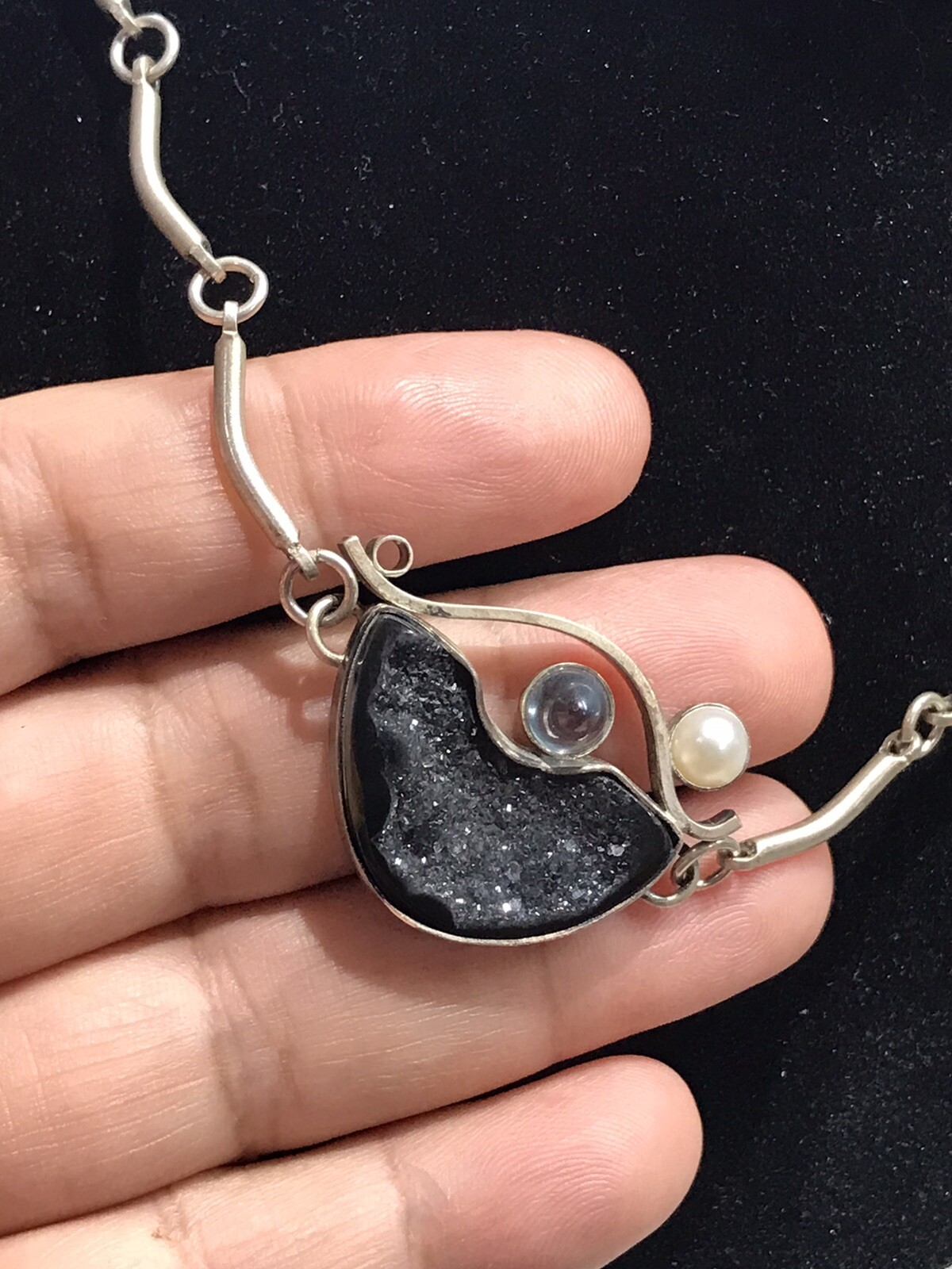 sterling silver brutalist modernist druzy blue eye necklace 17” Not Stamped