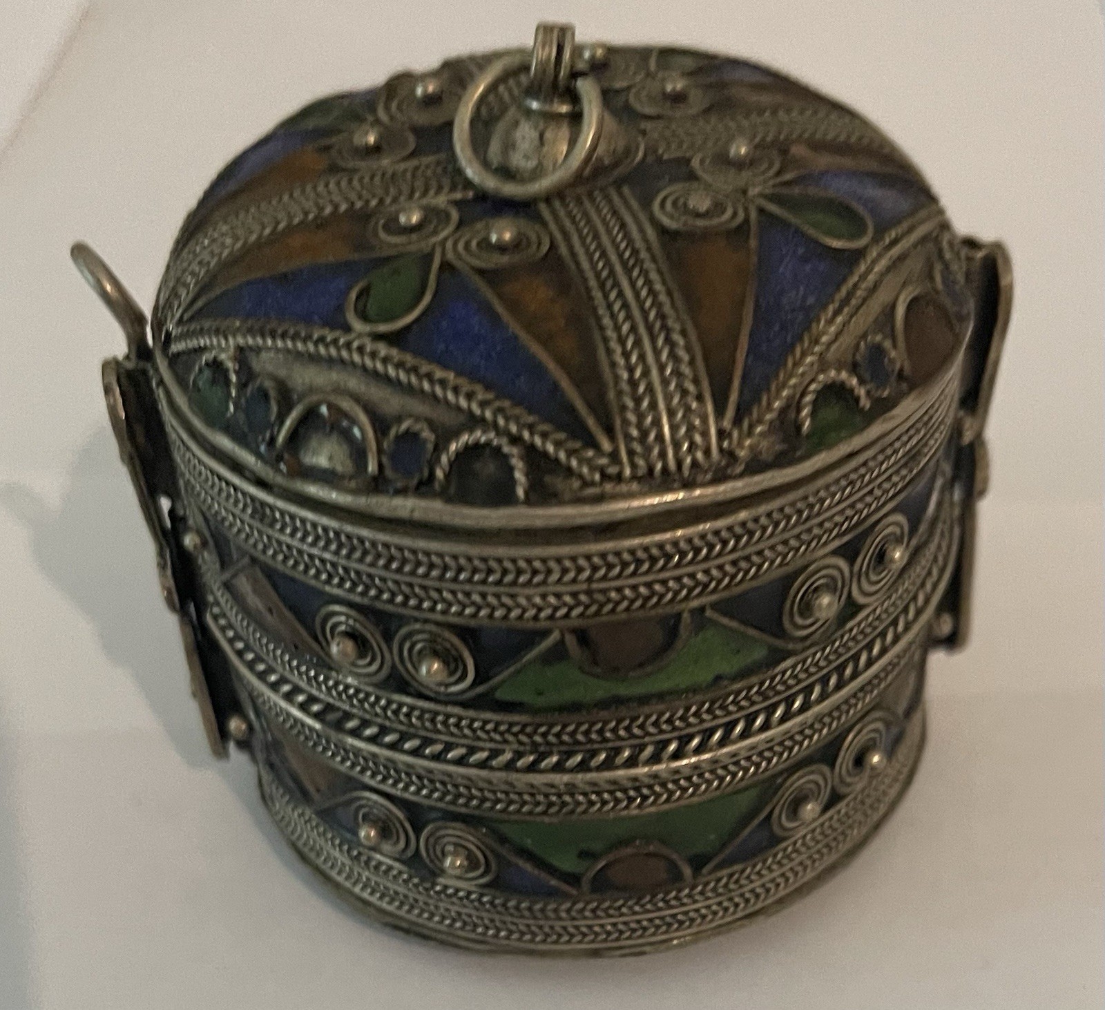 Antique Handcrafted Blue-Brown-Green Enamel Moroccan Berber Bracelet Jewelry Box