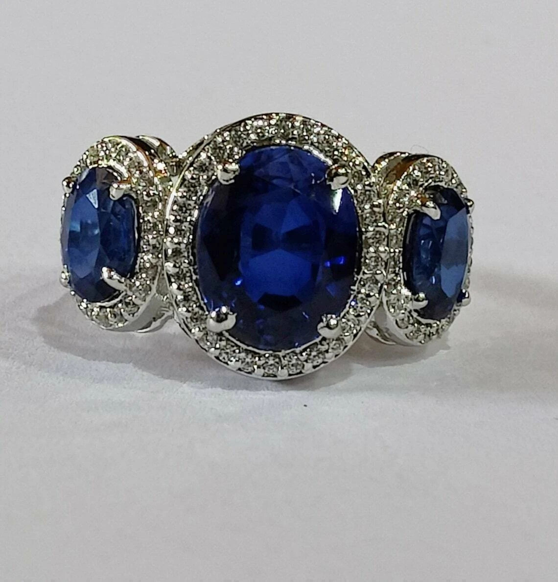 3.20Ct Oval Cut Blue Tanzanite Three Stone Engagement Ring 14K White Gold Finish