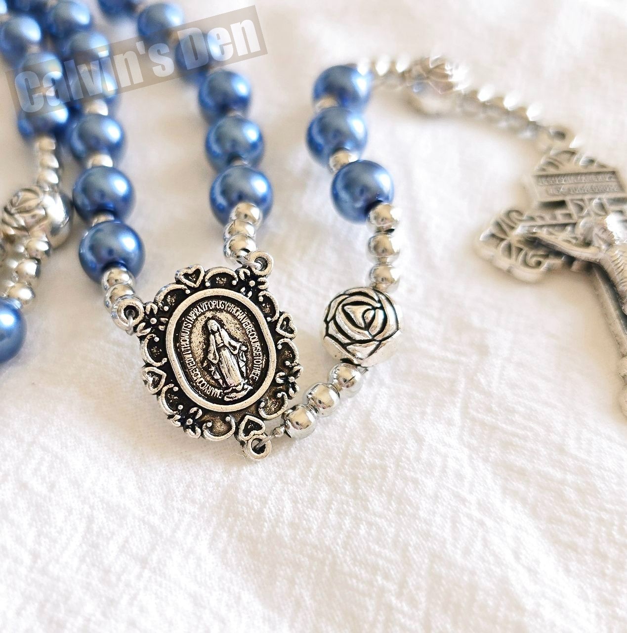 Blue Pearl Bead Rosary Necklace Miraculous Medal Rosebud Crucifix Cross Gift