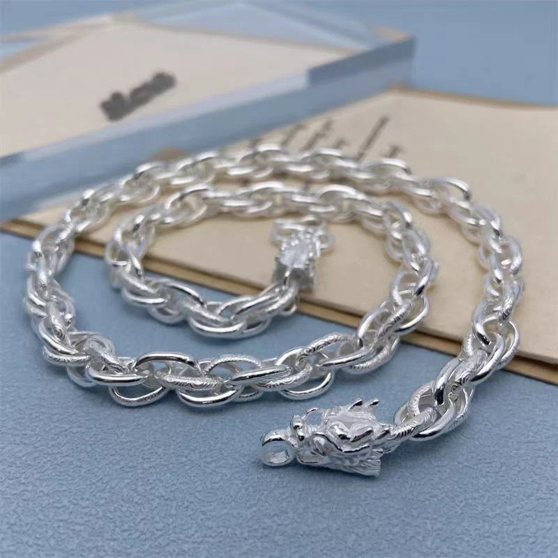 Pure S999 Fine Silver Chain 7mm Dragon Cloud Toggle Link Necklace 57-58G 25.6IN