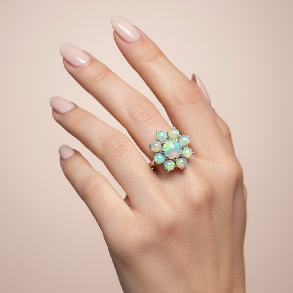 Ethiopian Opal Cluster Flower Ring 925 Sterling Silver Handmade Jewelry