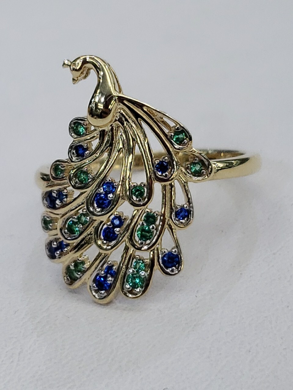 Solid 14k yellow gold peacock Ring Size 5 6 7 8 9 green blue