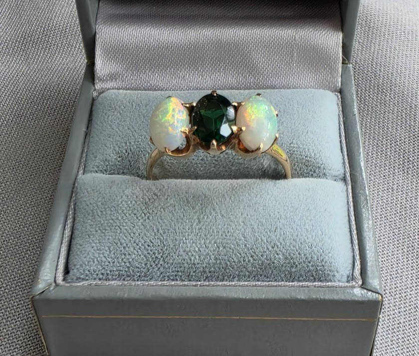 Antique Trilogy Ring Vibrant Opals and Deep Green Center Stone 10k Gold Superb!