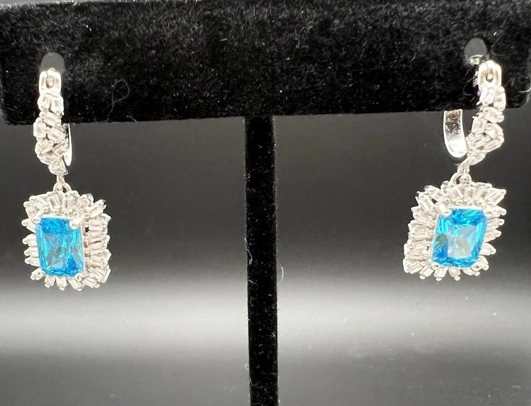 Blue & White/colorless CZ Sterling Silver 925 Dangle Drop Earrings