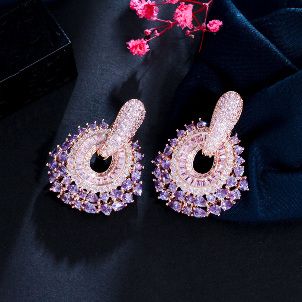 Statement 585 Gold Double Use Purple CZ Big Pave Dangle Drop Earrings for Women