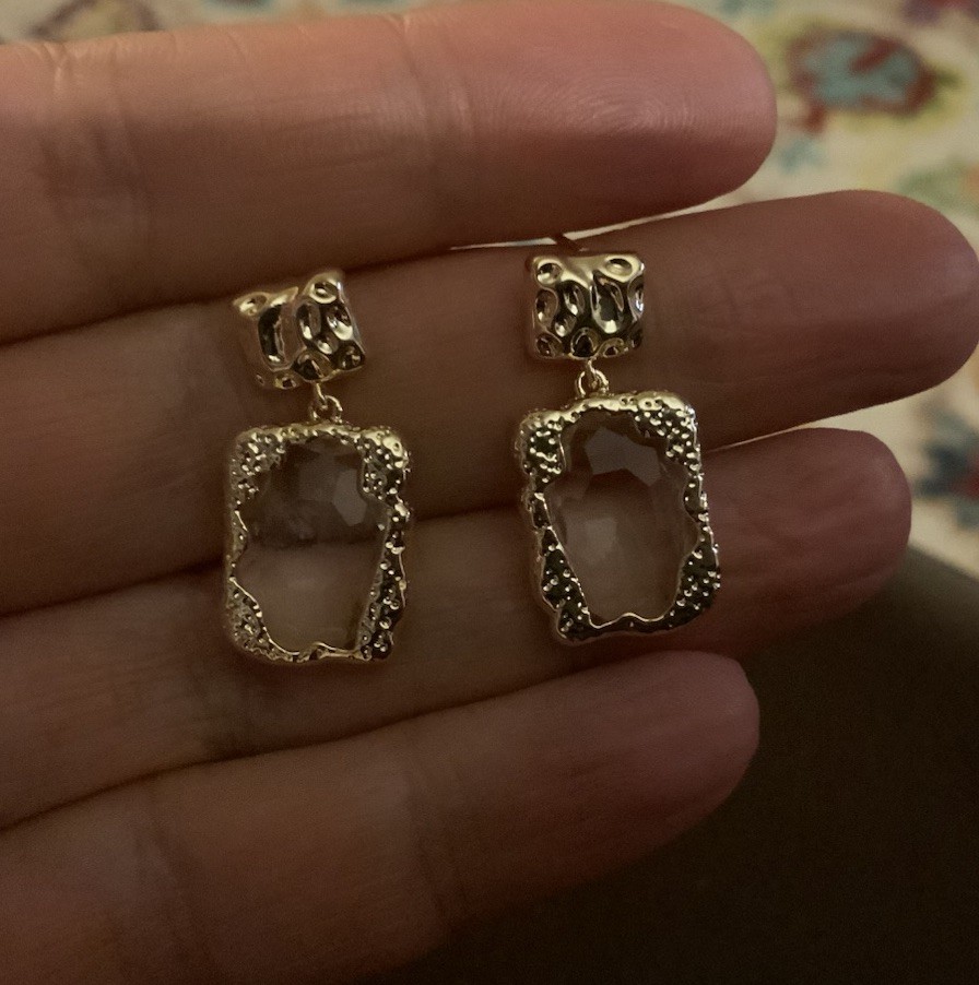 Molten Gold Earrings Hammered Crystal Clear Artisan VTG Fairycore Liquid Boho