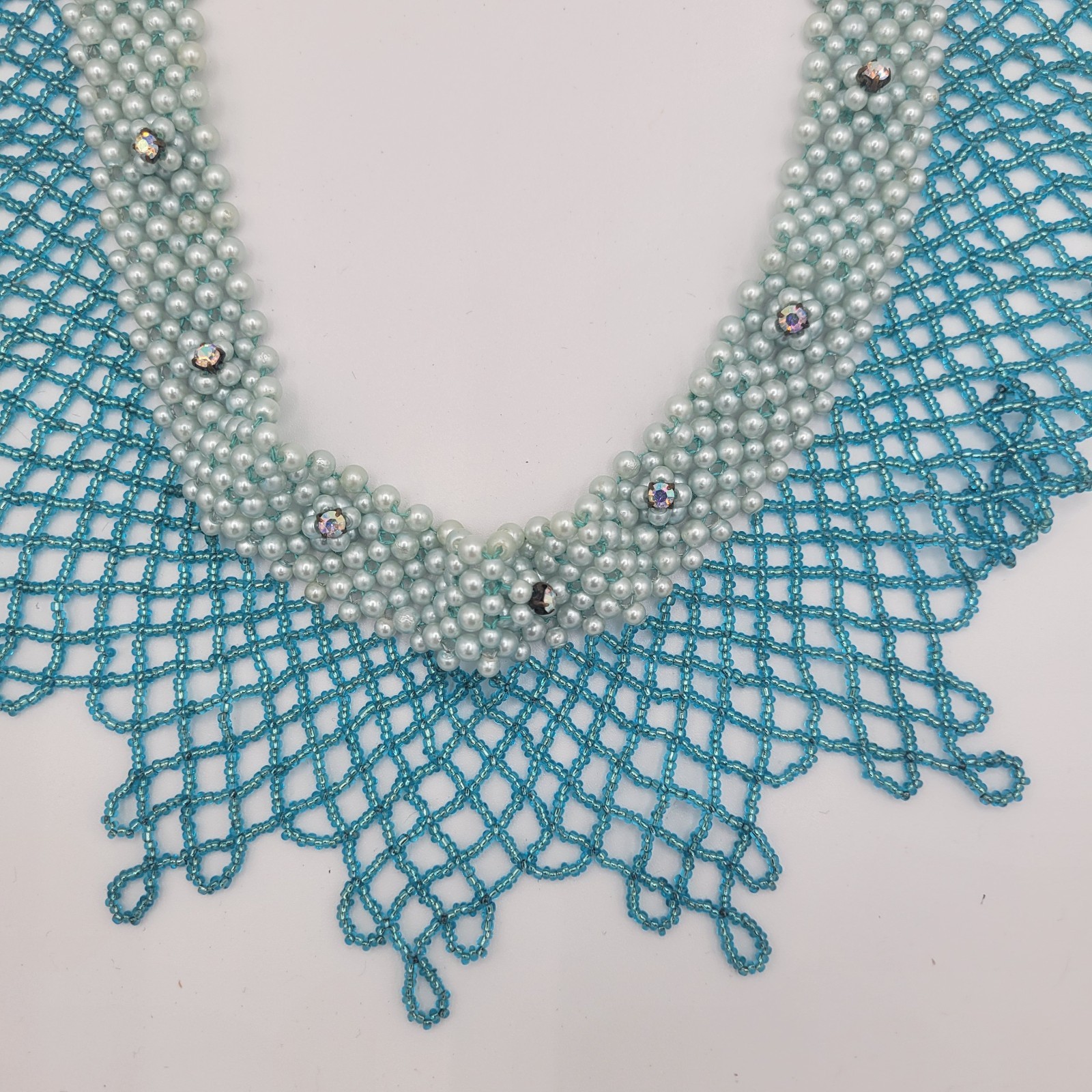 Woven Seed Bead Choker Collar Necklace Bib Teal Faux Pearl & Rhinestone