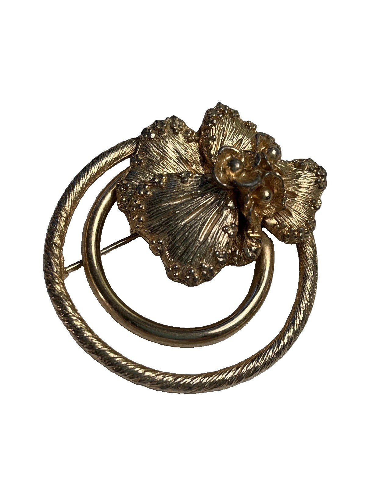 Hilco Vintage Gold Tone Double Circle Floral Signed 3-D Brooch w/patent 177-528