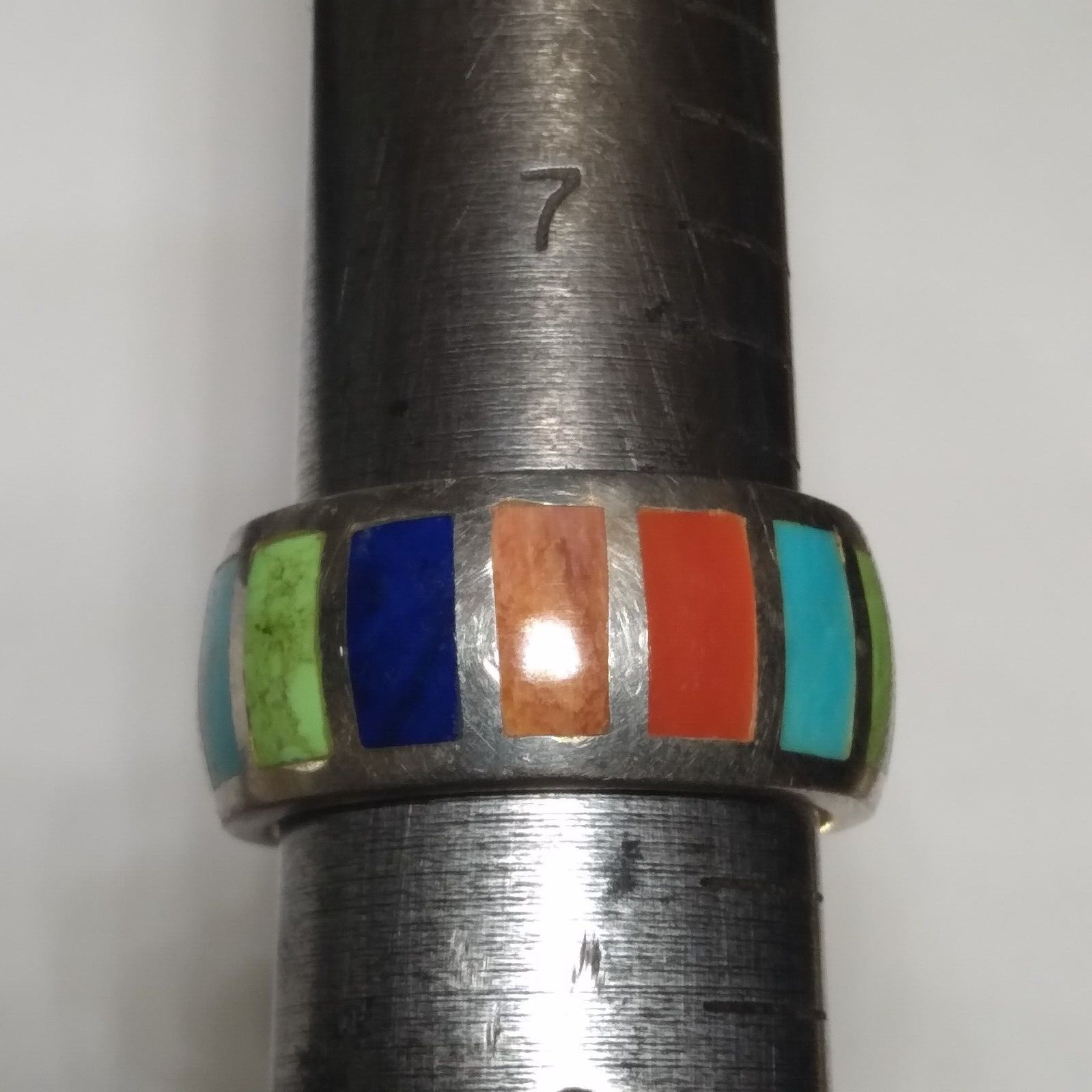 PEYOTE BIRD DESIGNS STERLING AND 6 TYPES OF GEMSTONES IN DESCRIPTION RING SIZE 8