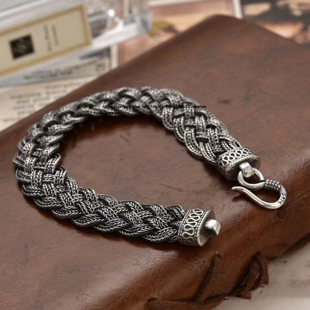 Pure S925 Sterling Silver Chain Men Women 13mm Braided Foxtial Link Bracelet