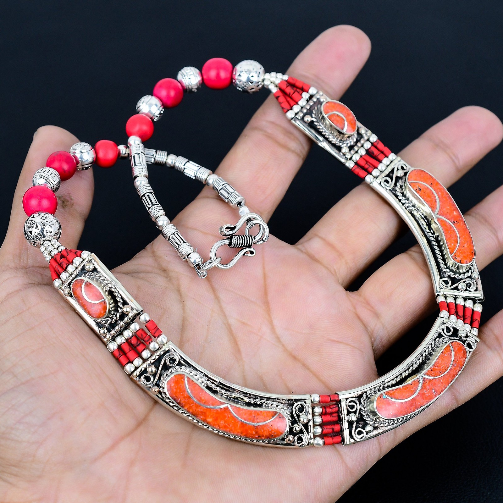 Red Coral 925 Sterling Silver Handmade Jewelry Nepali Tibetan Necklace 18″ PG95