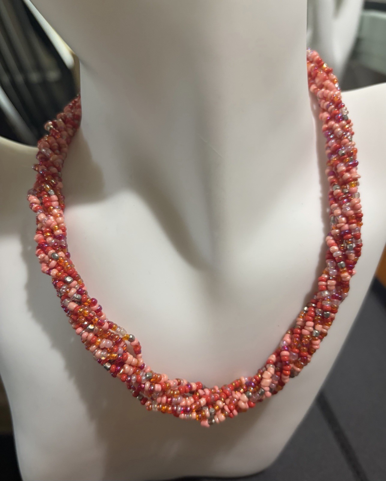 Handmade Orange Pink Silver Seed Beed Necklace 14 Inches With A 2 Inch Extender