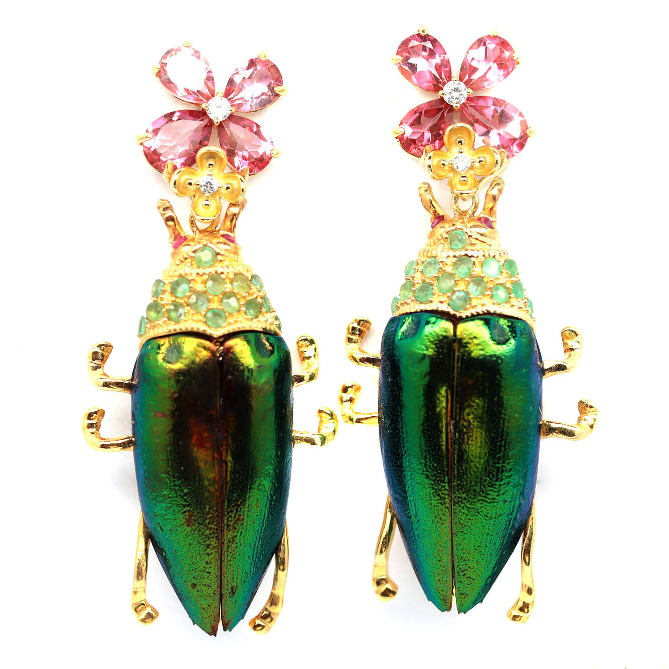 Pink Mystic Topaz, Emerald..& Jewel Beetle Wings Brooch 925 Silver Sterling