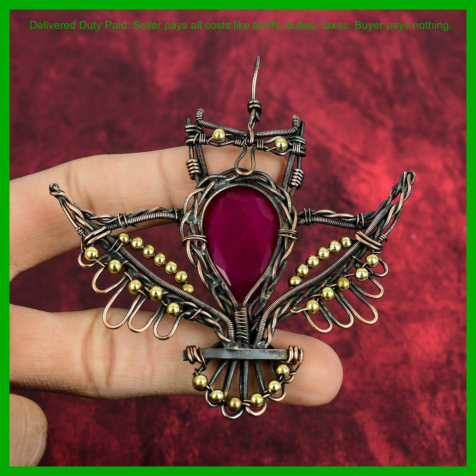 Copper Oval Kashmir Rubi Gemstone Mother Gift Wire Wrapped Owl Pendant Jewelry
