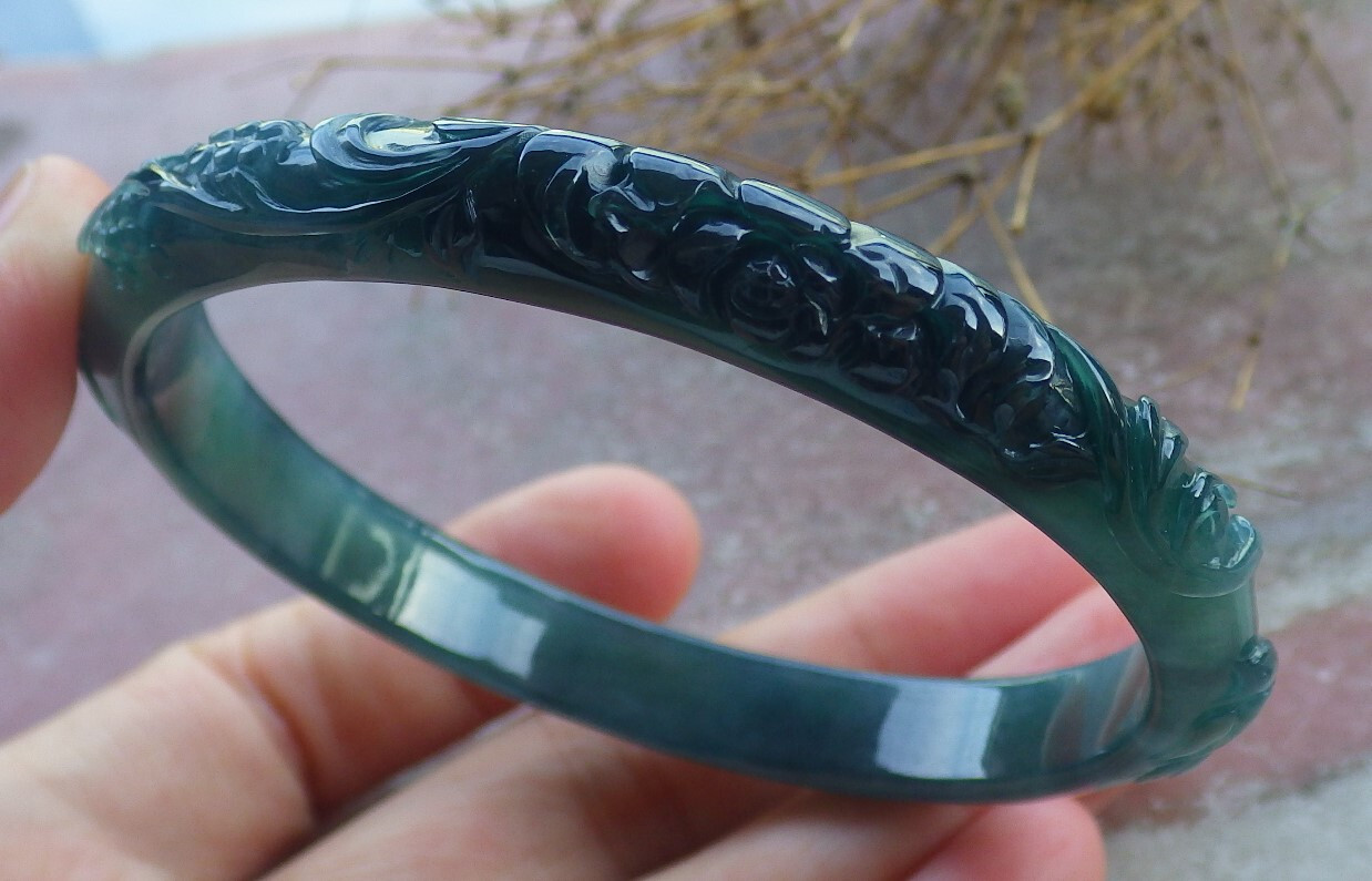 Video Certified Green A JADE Jadeite Flower Bird Bangle Bracelet 61mm 666113