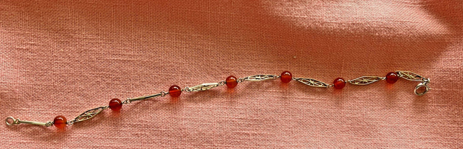 Dainty 10K White Gold Spessartine Garnet Bead Filigree Link Bracelet Vintage