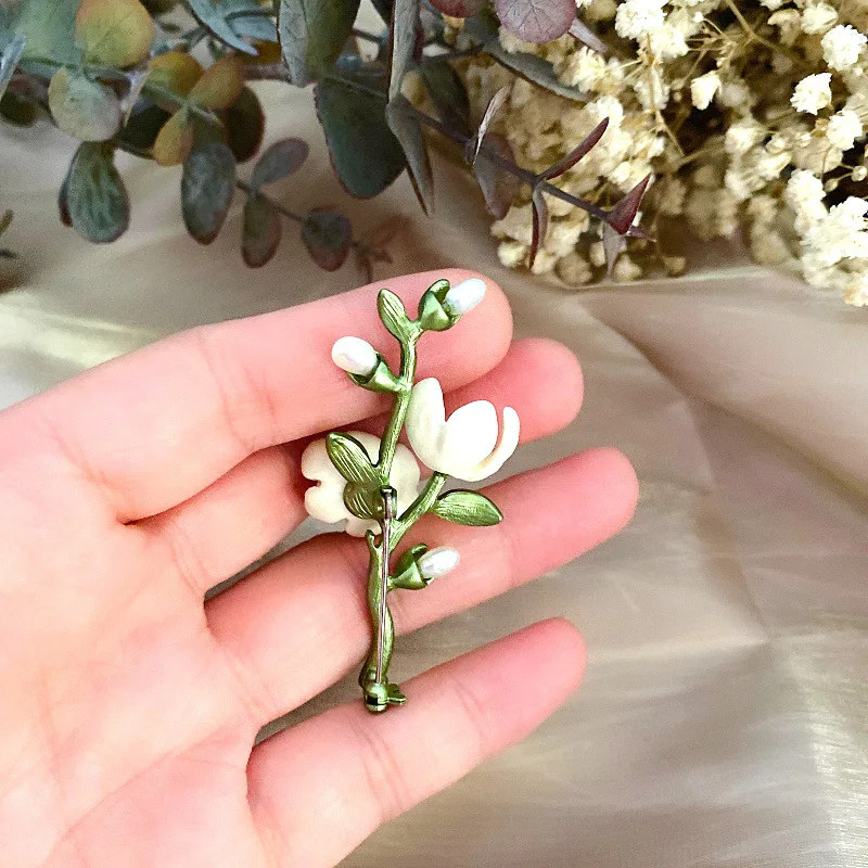 Green Color Plant Pearls Pin Tree Lotus Leaf Blueberry Cherry Flower Brooch
