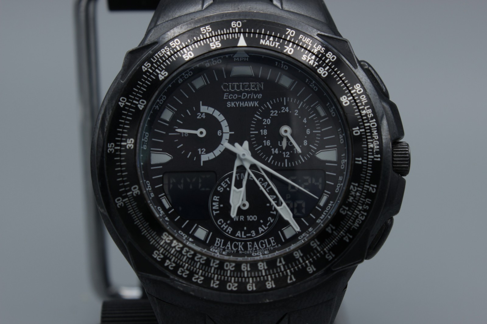 Citizen Eco-Drive Skyhawk Black Eagle Pilot Chronograph Watch Working