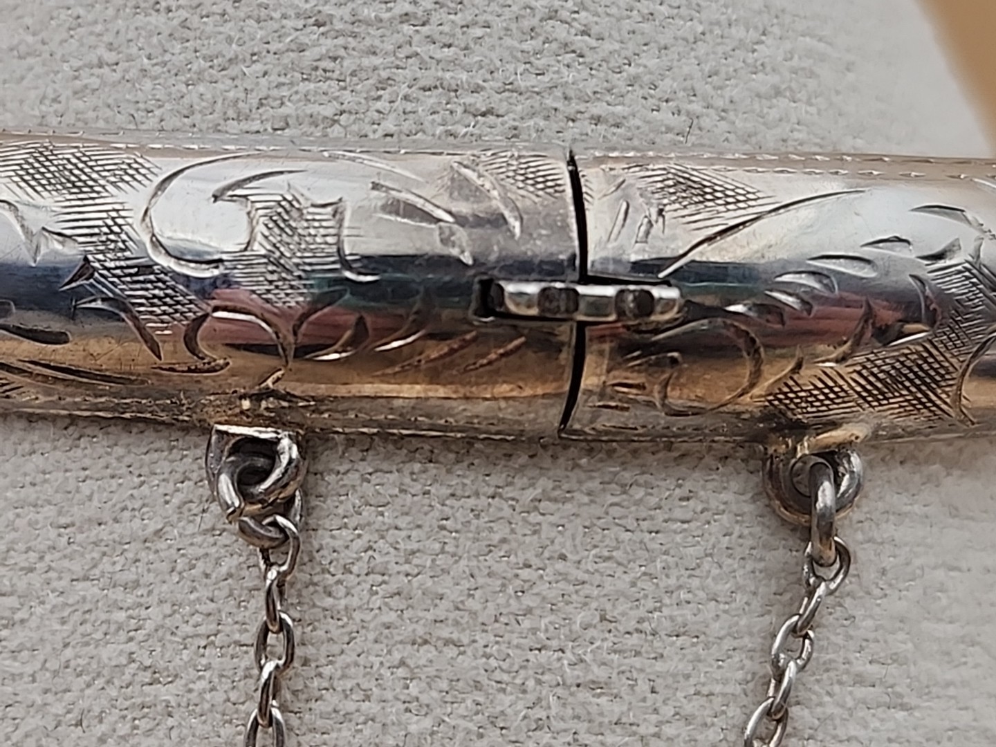 Sterling Silver Vintage Hand Engraved/Hinged Cuff Bracelet With Safety Chain