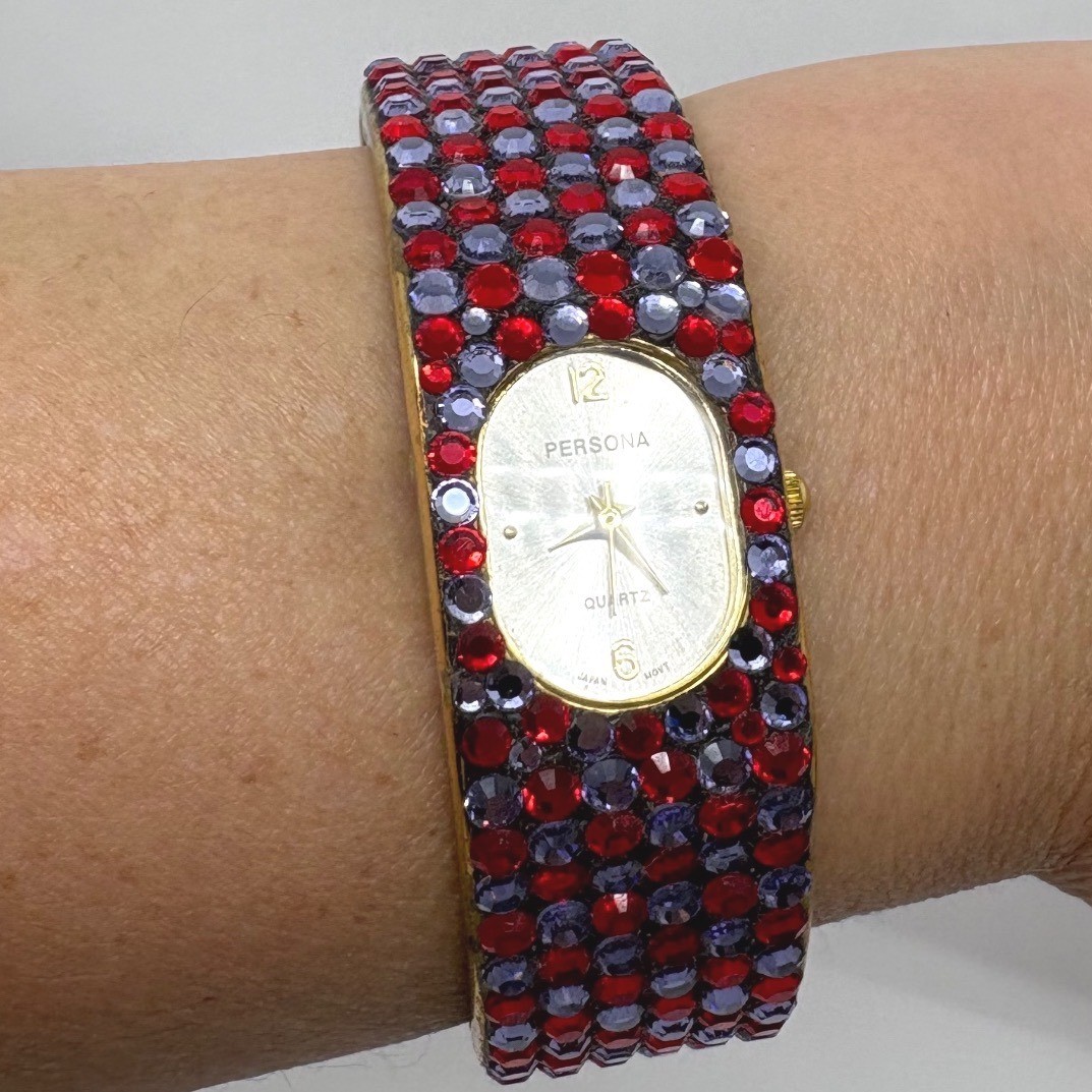Persona Rhinestone Cuff Watch Gold Tone Red Purple Hinged Bangle Quartz Untested