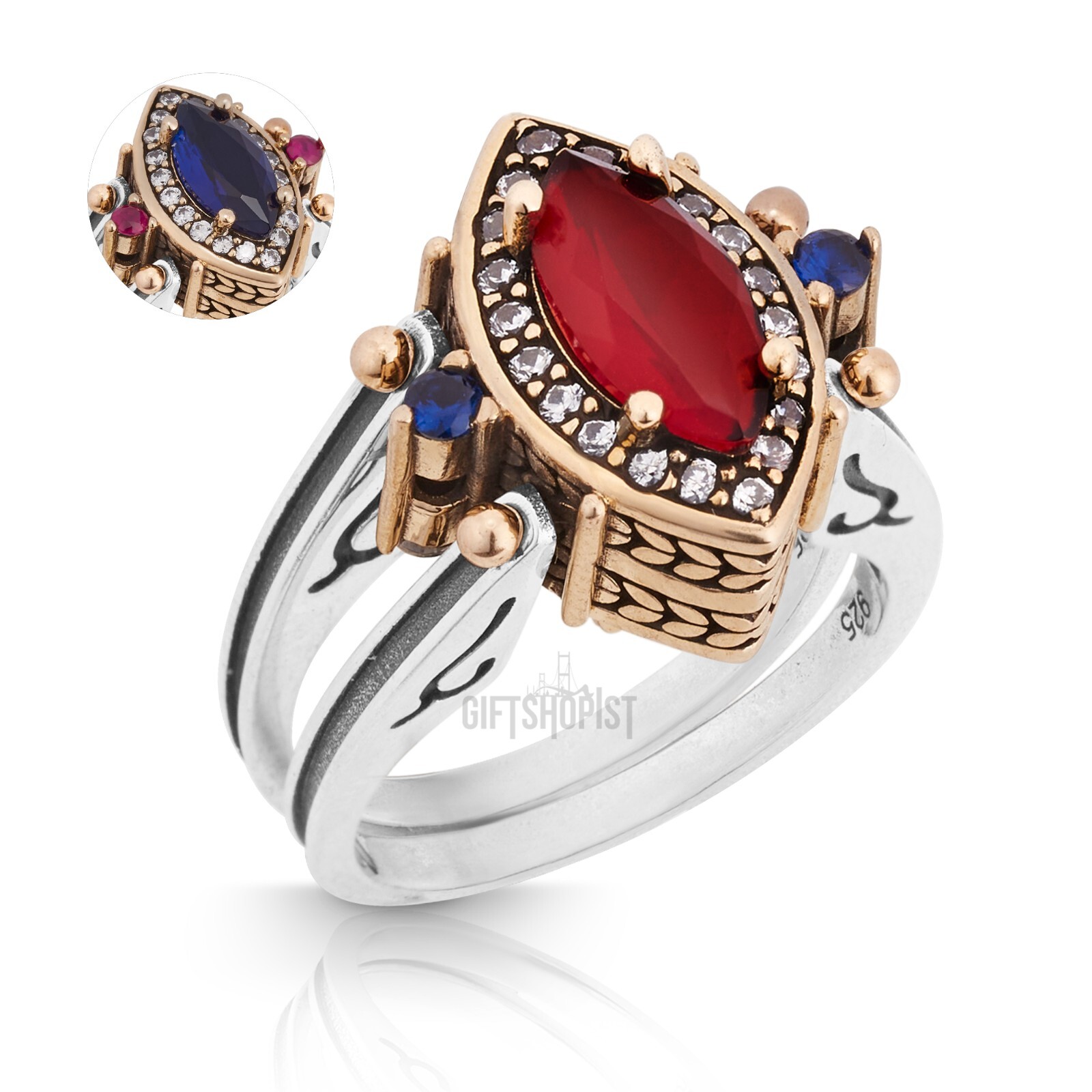 Turkish Reversible Marquise Sapphire Ruby Topaz 925 Sterling Silver Ring Size