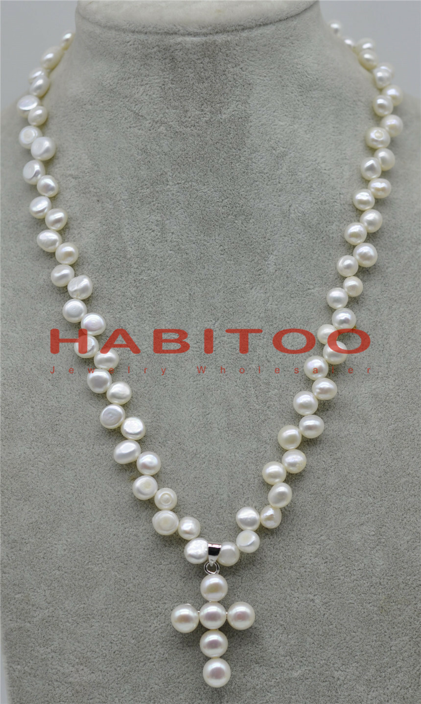 Charming 2 Rows White Akoya freshwater Pearl Cross Pendant Necklace 18″