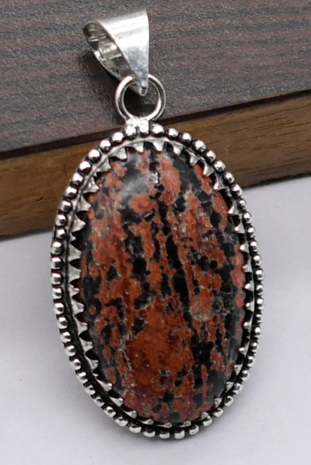 Mahogany Obsidian Natural Gemstone Antique Silver Plated Pendant 2.25″ J 251